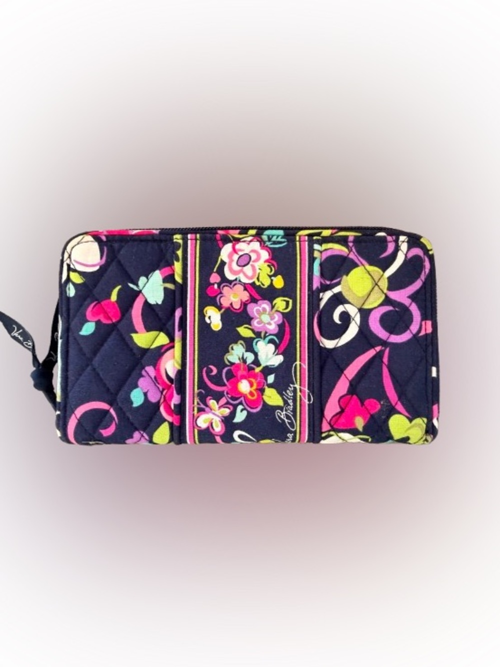 Vera Bradley Ribbons Accordion Wallet Navy Floral Zip Around Organizer Retired - Picture 2 of 4